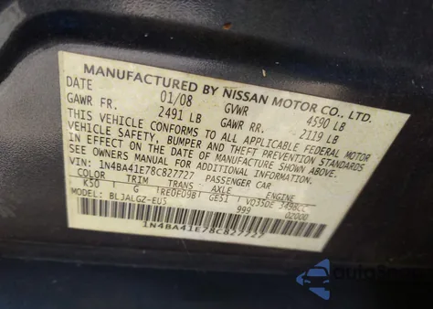 2008 Nissan Maxima 3.5 Sl из США, поврежденный, VIN 1N4BA41E78C827727